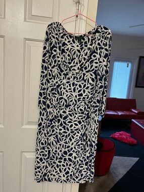 Lauren Ralph Lauren Navy and White Long-Sleeve Patterned Dress